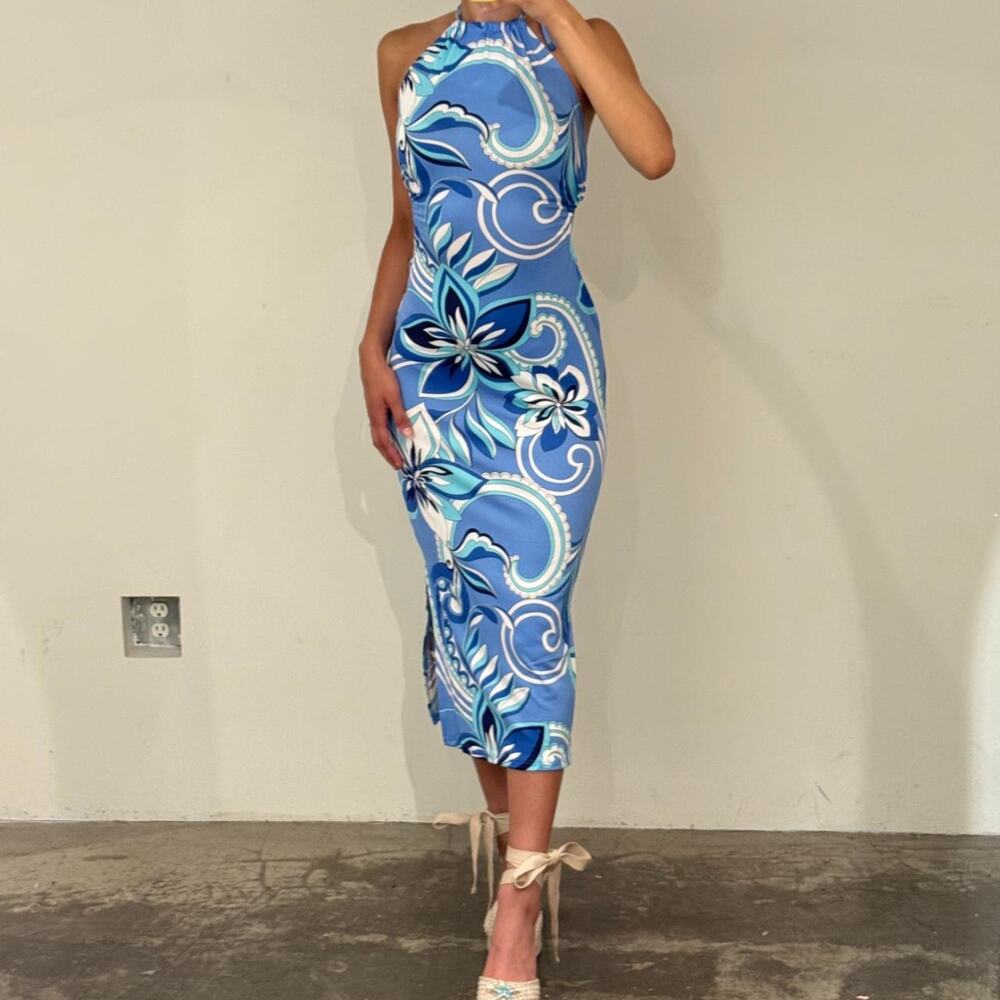 Blue and White Floral Midi Dress M